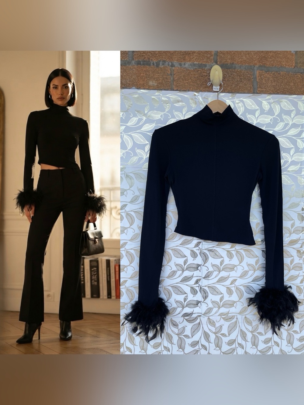 Plein Sud Runway Feather Cuff Mock Neck Top Black Whimsigoth Size 36/4 small